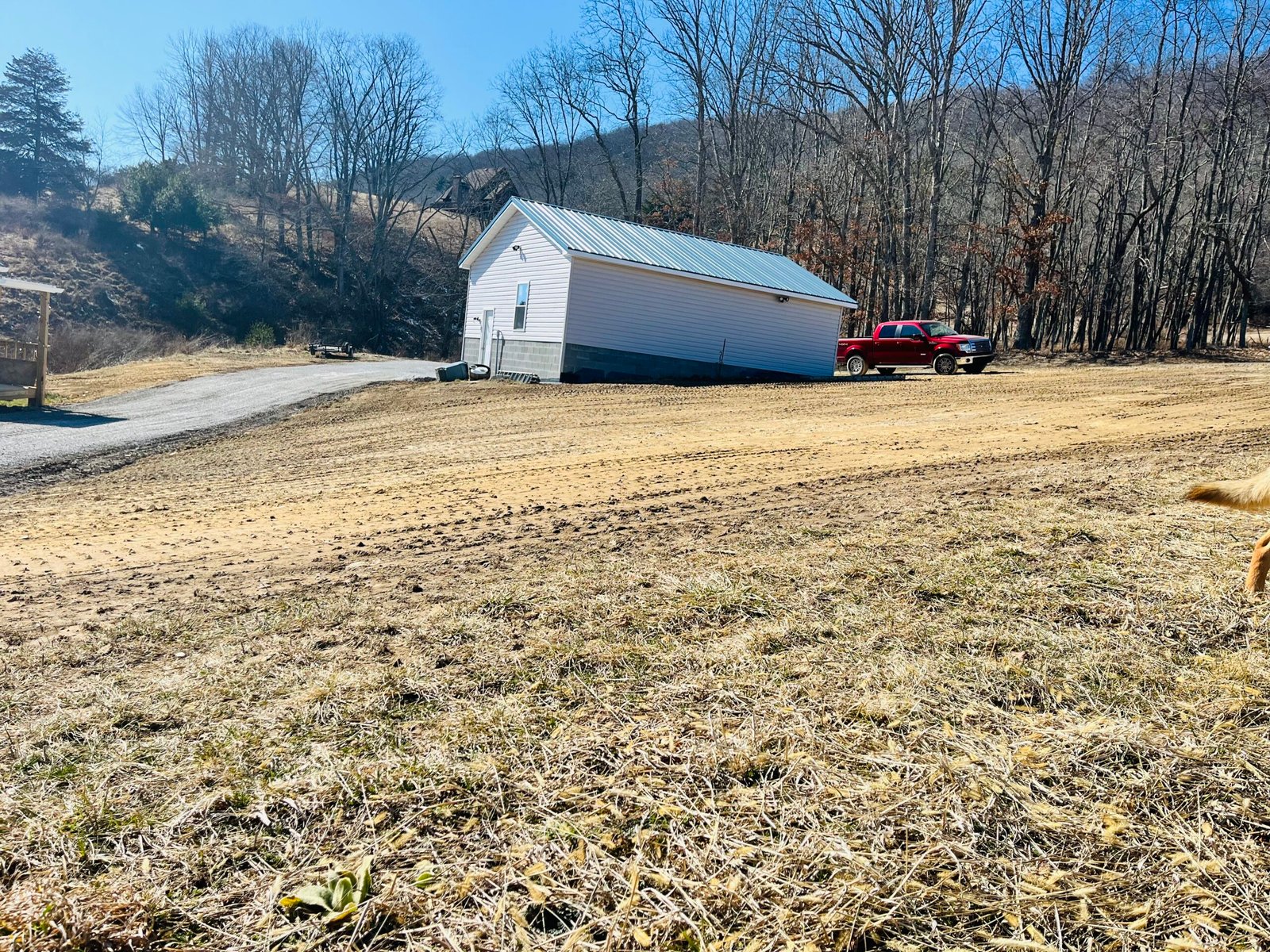 A scenic dirt road with a house visible in the background, framed by trees and natural surroundings.