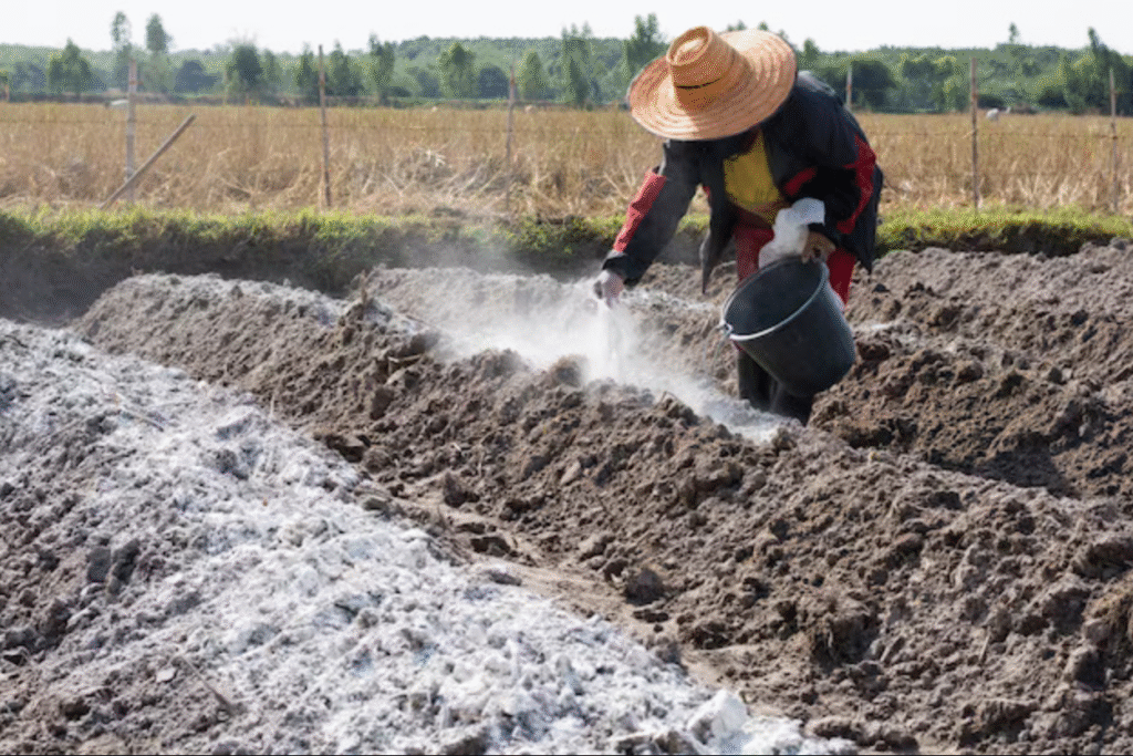 A farmer is tending to perform soil liming in a field while carrying a bucket for collecting produce.