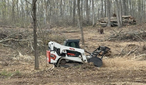 A white tractor is mulching in the forest area.